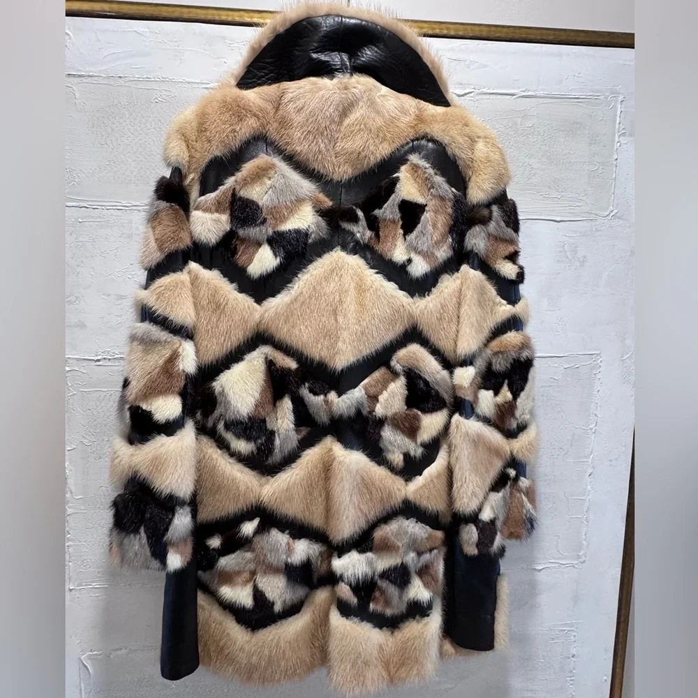 Vintage Mink Fur Patchwork Coat Leather Chevron Luxe Statement Jacket M - Picture 10 of 11